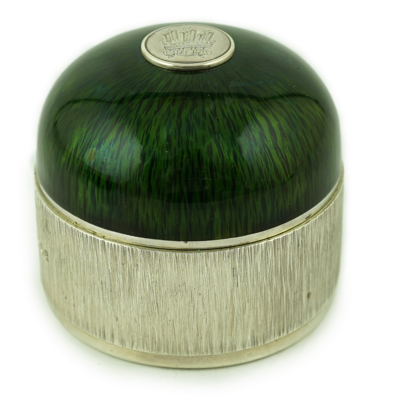 An Elizabeth II textured silver and green enamelled circular box and cover by Adrian Gerald Benney